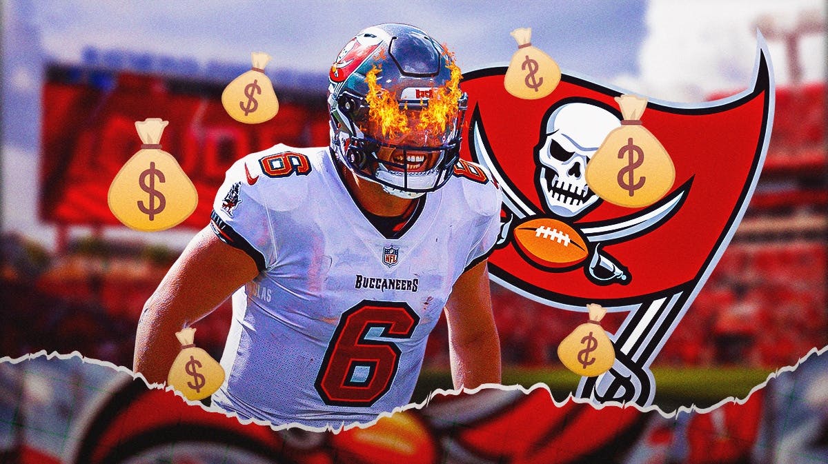Buccaneers Baker Mayfield with fire in his eyes surrounded by moneybags at Raymond James Stadium