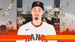 Blake Snell in a San Francisco Giants uniform with Oracle Park in background. Place dollar signs in Snell’s eyes.