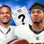 Desmond Ridder in a Cardinals uniform, Rondale Moore in a Falcons uniform and a report card with a question mark on it