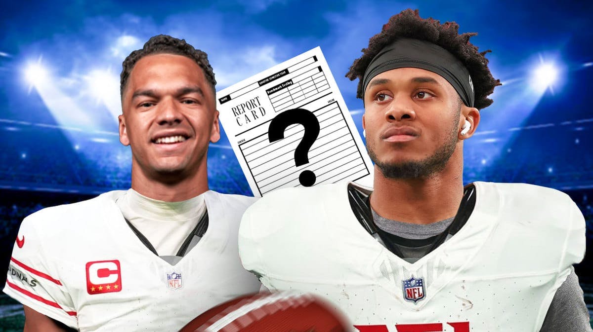 Desmond Ridder in a Cardinals uniform, Rondale Moore in a Falcons uniform and a report card with a question mark on it