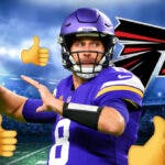 Kirk Cousins surrounded by thumbs up emojis and Falcons logo
