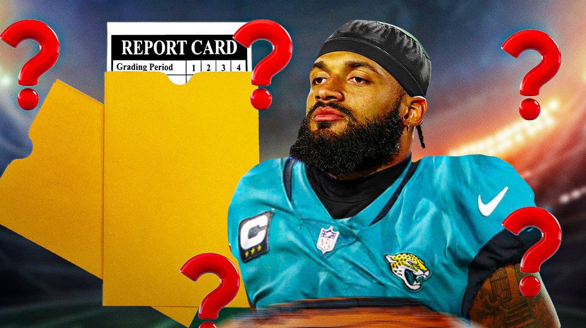 Gabe Davis is a Jaguars jersey next to a report card with a question mark on it.