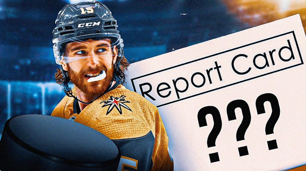 Former Flames star Noah Hanifin in a Golden Knights uniform next to a report card with a question mark on it.