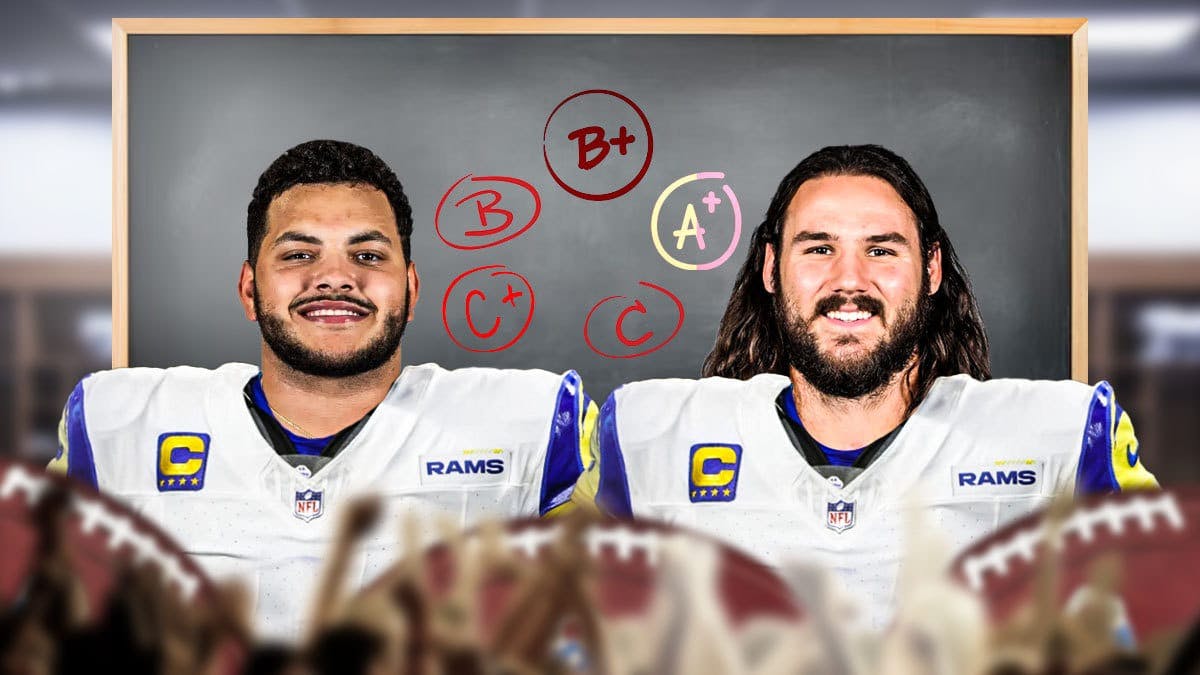 Photo: Jonah Jackson, Colby Parkinson in Rams jerseys, put a chalkboard behind them with a bunch of grades on it, B+, B, A, C-, C