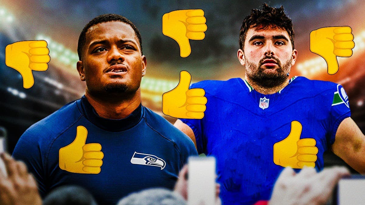 Noah Fant and Sam Howell in Seahawks uniforms with yellow thumbs up and thumbs down emojis all around