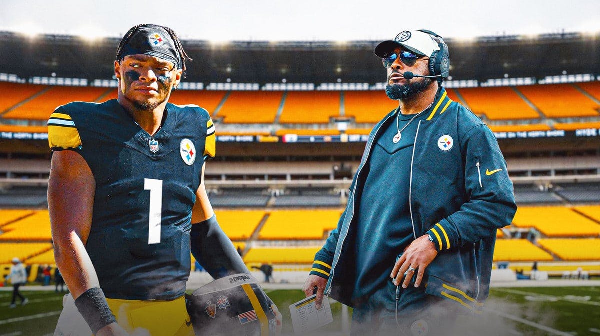 Justin Fields in Steelers jersey. Mike Tomlin holding a report card