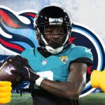 Calvin Ridley next to Titans logo with one thumbs up, one thumbs down