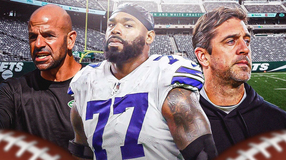 Tyron Smith in the middle, Coach Robert Saleh and Aaron Rodgers around him, and New York Jets wallpaper in the background.
