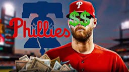 Phillies Zack Wheeler with dollar signs in his eyes at Citizens Bank Park. Phillies logo next to him.