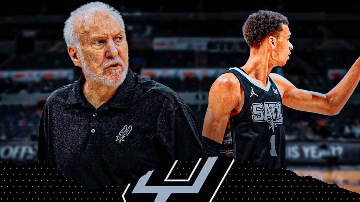 Gregg Popovich alongside Victor Wembanyama with the Spurs arena in the background, Tim Duncan