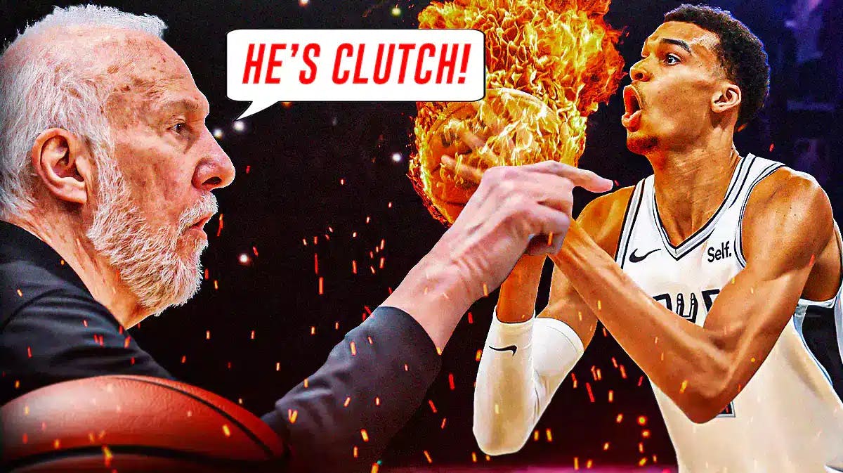 Spurs' Victor Wembanyama shooting a flaming ball, Gregg Popovich saying "He's clutch!"