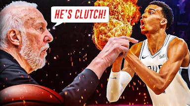 Spurs' Victor Wembanyama shooting a flaming ball, Gregg Popovich saying "He's clutch!"