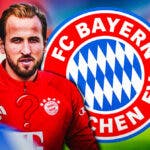 Harry Kane in front of the Bayern Munich logo, questionmarks around him