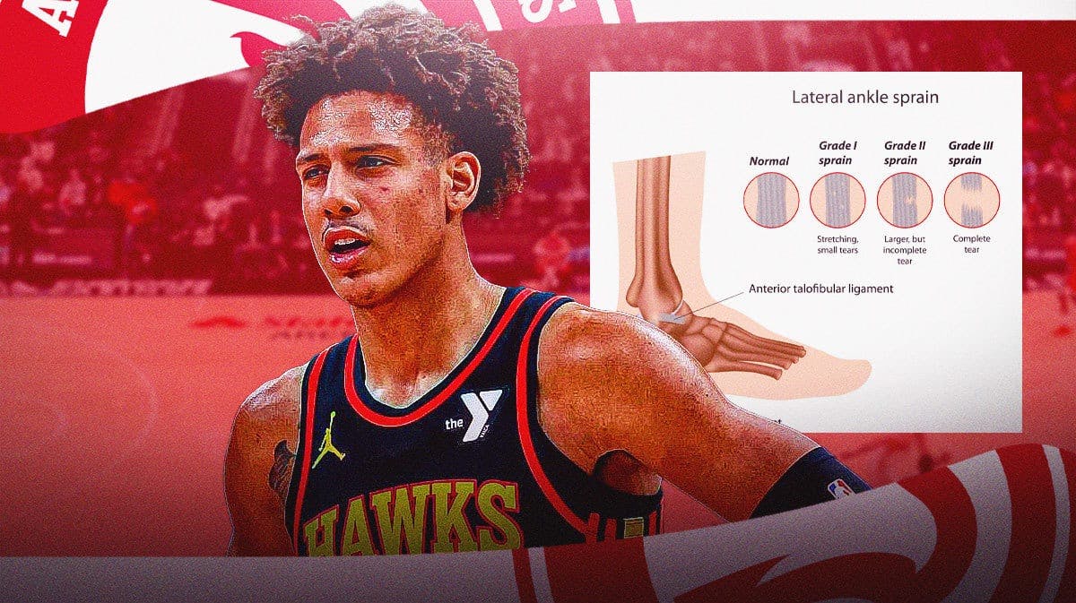Hawks' Jalen Johnson angry, with an ankle injury diagram beside him