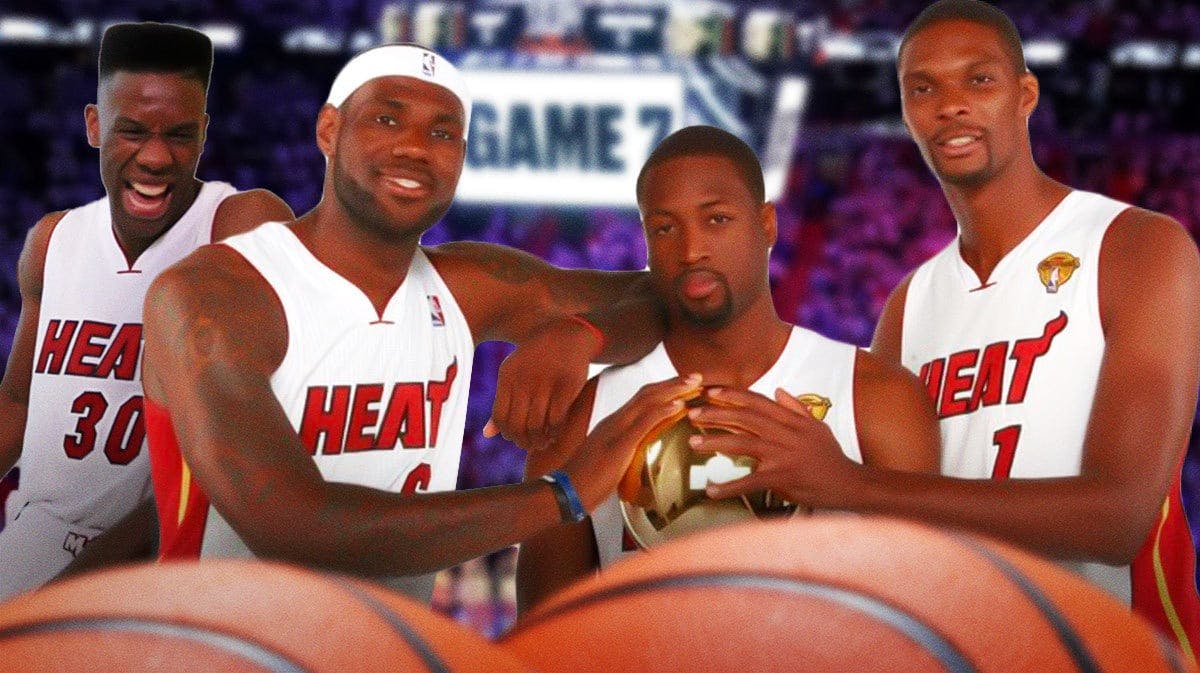 2013 Heat version of LeBron James, Chris Bosh, Dwyane Wade holding the Larry O’Brien trophy, with Norris Cole smiling at them