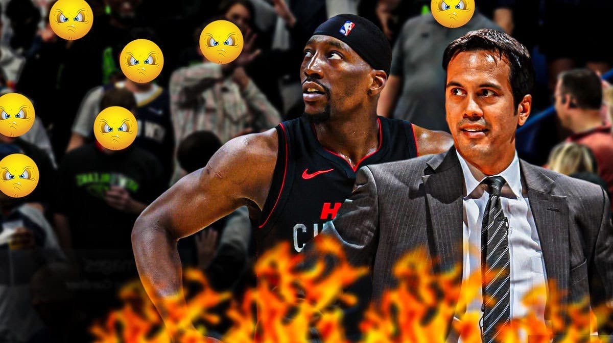 Erik Spoelstra and Bam Adebayo on one side, a bunch of Miami Heat fans on the other side with angry emojis around them