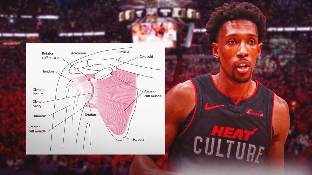 Heat’s Josh Richardson looking sad, with a diagram of a shoulder injury beside Richardson