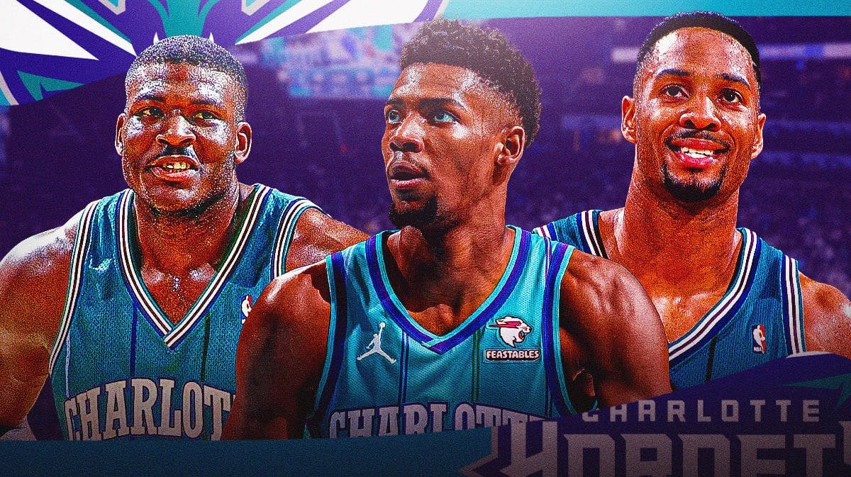 Brandon Miller with Larry Johnson on one side of him and Alonzo Mourning on the other side and the Hornets arena in the background. Have Larry Johnson and Alonzo Mourning in their Hornets jerseys from their playing days