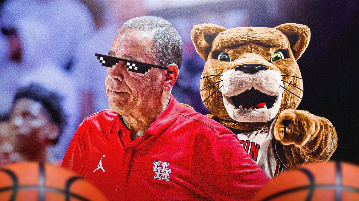 Kelvin Sampson (Houston basketball) with deal with it shades and Houston Cougars mascot in the background
