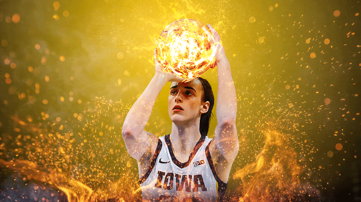 Caitlin Clark shooting a basketball with fire coming off the ball.