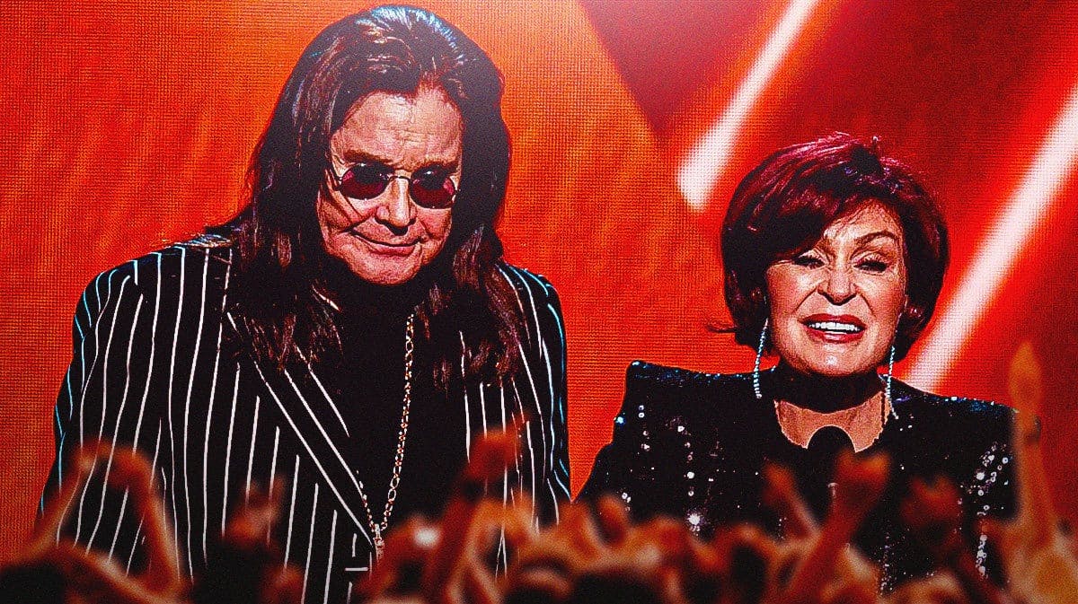 Sharon Osbourne and Ozzy Osbourne in a red background on stage
