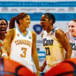 Chamique Holdsclaw (Tennessee), Candace Parker (Tennessee), Cheryl Miller (USC), Sue Bird (UConn), Diana Taurasi (UConn), Maya Moore (UConn), Breanna Stewart (UConn) all together. The background is a March Madness bracket.