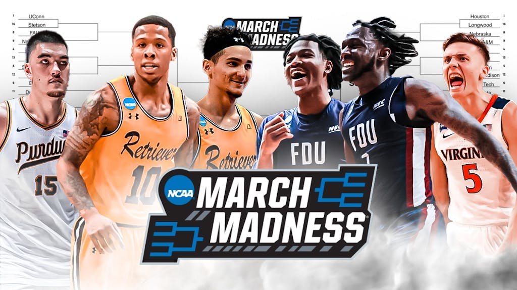 In the front are Jairus Lyles and KJ Maura from UMBC and Sean Moore and Demetre Roberts from Fairleigh Dickinson in the front preferably looking happy. Behind them and looking sad are Kyle Guy (Virginia) and Zach Edey (Purdue). The background is a March Madness bracket. March Madness logo in the front.