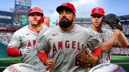 Mike Trout, Tyler Anderson, Anthony Rendon all together with Angels stadium as background. Angels season preview