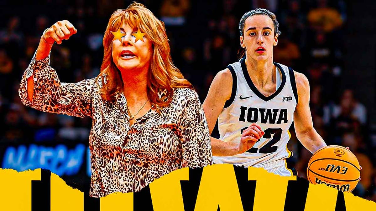 Graphic - Former WNBA player Nancy Lieberman, with stars in her eyes, and Iowa women’s basketball player Caitlin Clark