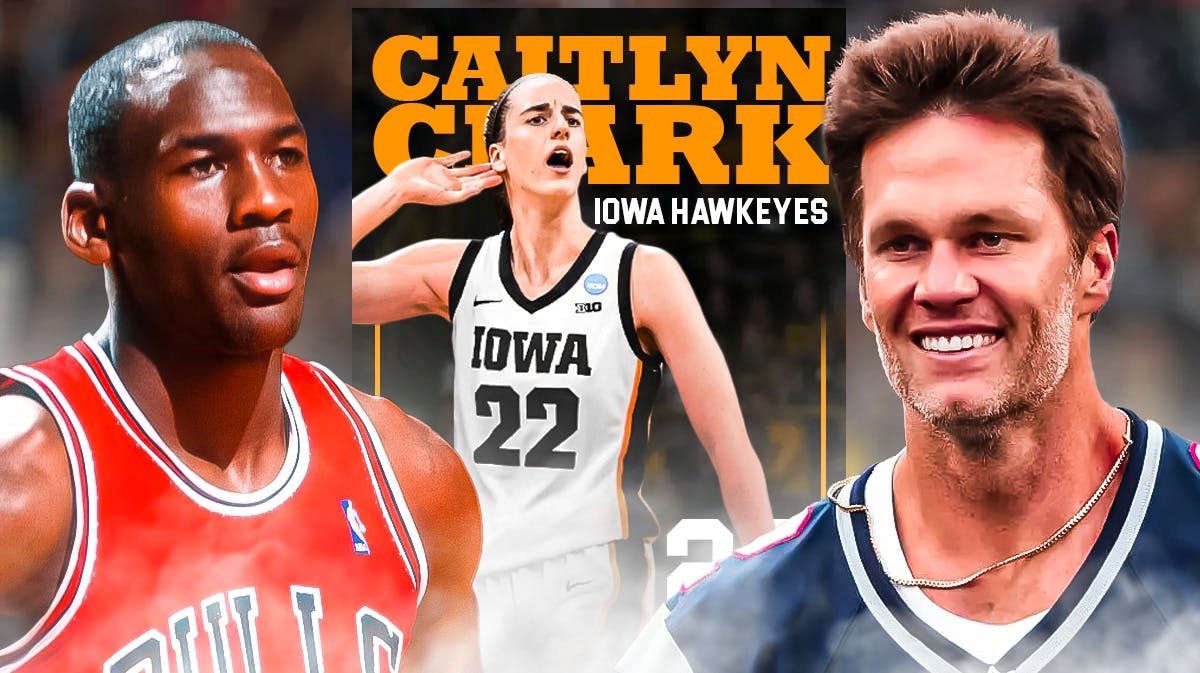 Iowa women’s basketball player Caitlin Clark, edited so it looks like she is on the cover of a sports magazine, with Michael Jordan and Tom Brady in the background