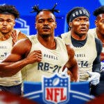 NFL draft prospects Keilen Robinson, Bucky Irving, Isaac Guerendo, and Kimani Vidal with an NFL combine background.