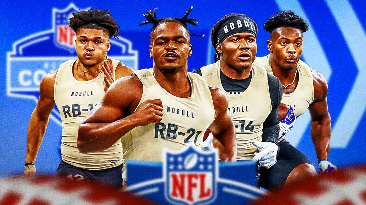 NFL draft prospects Keilen Robinson, Bucky Irving, Isaac Guerendo, and Kimani Vidal with an NFL combine background.