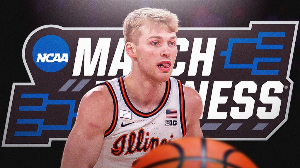 Illinois basketball, Fighting Illinois, Marcus Domask, Brad Underwood, UConn basketball, Marcus Domask in Illinois uni with March Madness logo in the background