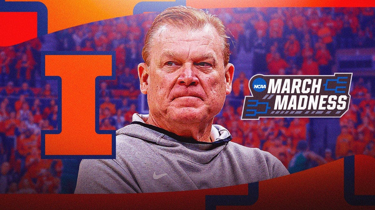 Brad Underwood stands next to Illinois basketball and March Madness logo after Elite 8 loss to UConn