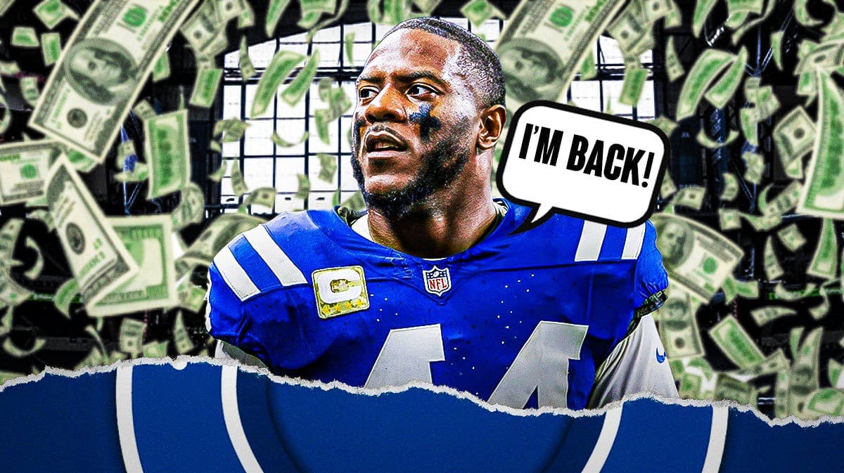 Zaire Franklin with a bunch of money falling around him and a speech bubble that says “I’m back!”