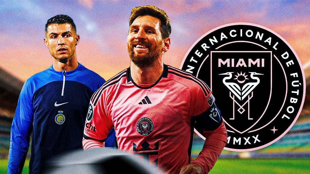 Lionel Messi smiling in the middle in front of the Inter Miami logo, Cristiano Ronaldo looking at him from the side