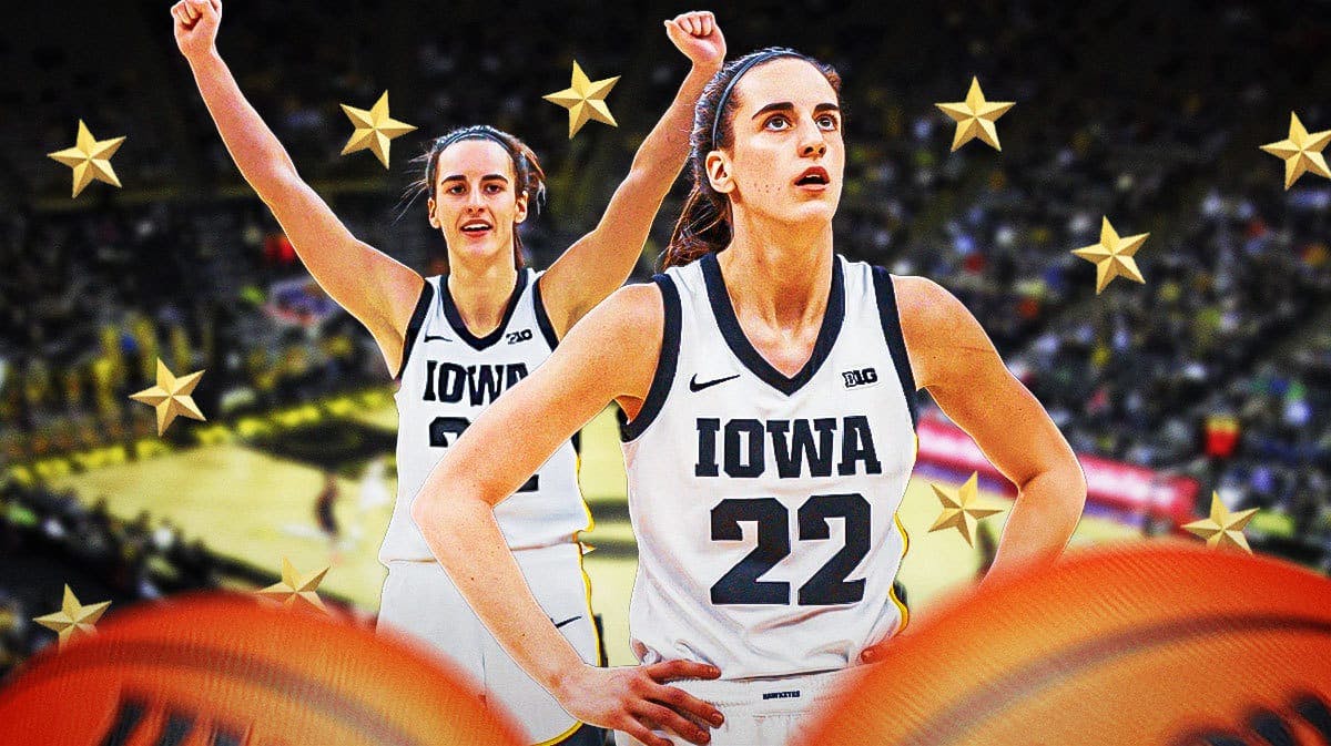Iowa women’s basketball player Caitlin Clark, with stars around her