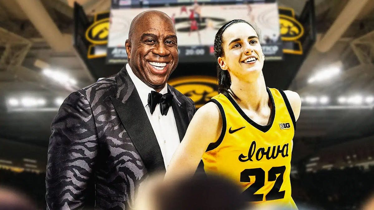 Caitlin Clark alongside Magic Johnson with the Iowa Hawkeyes arena in the background