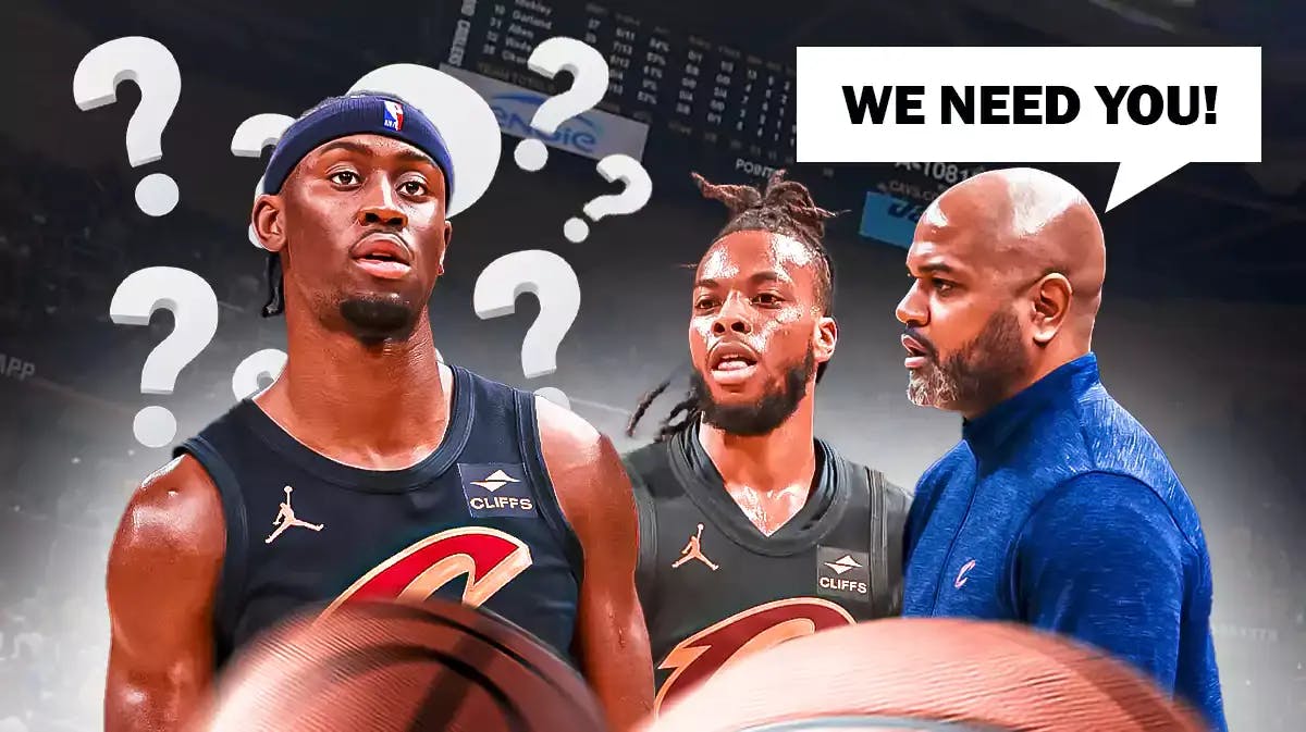 Cavs' Caris LeVert with question marks next to Darius Garland and JB Bickerstaff saying "We need you"