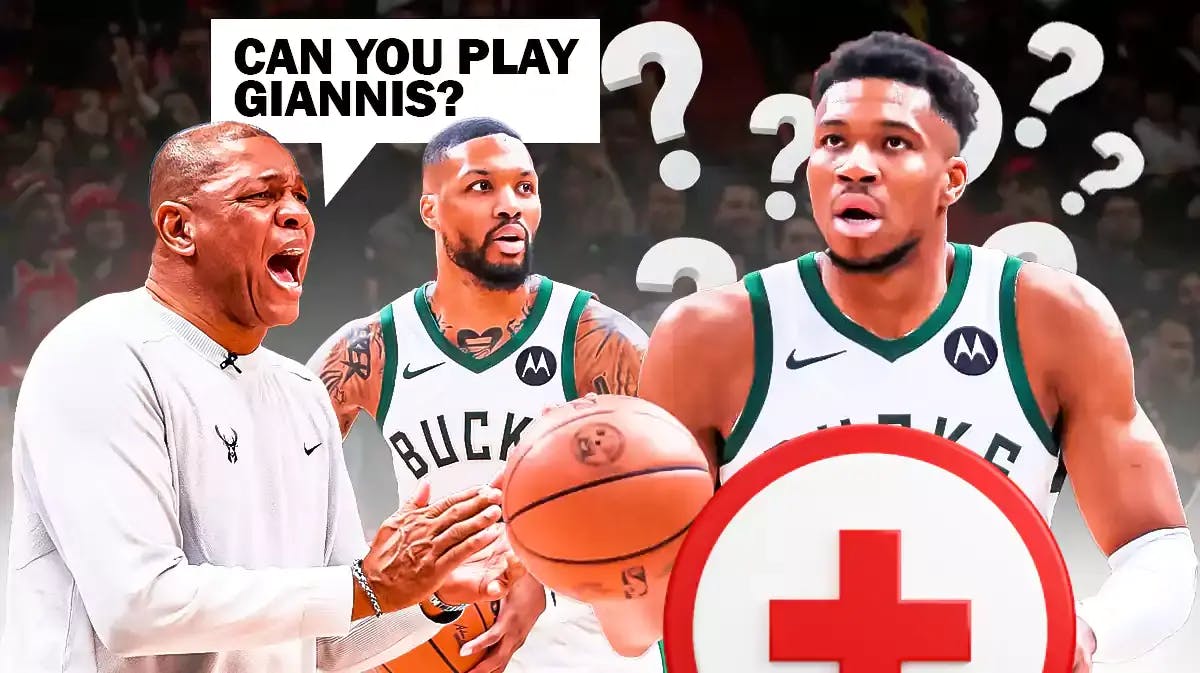 Giannis Antetokounmpo with question marks and injury symbol. Doc Rivers and Damian Lillard asking "Can you play Giannis?"