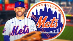 JD Martinez in a Mets jersey next to a Mets logo at Citi Field