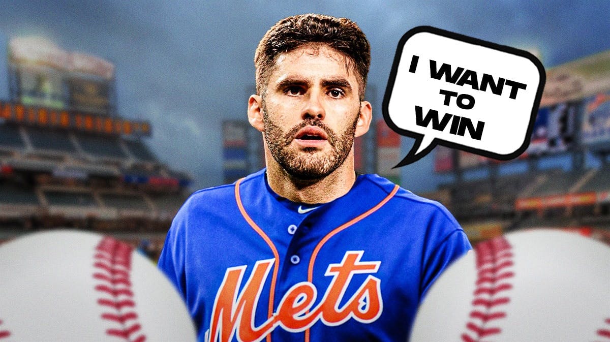 Photo: JD Martinez in Mets jersey saying “I want to win”, have Citi Field as background