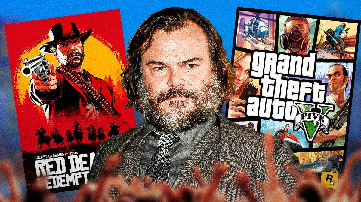 Jack Black alongside video game posters for Grand Theft Auto and Red Dead Redemption