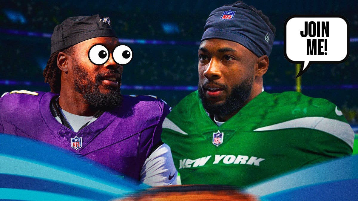 Jadeveon Clowney on one side with the big eyes emoji over his face, Mike Williams in a New York Jets uniform on the other side with a speech bubble that says “Join me!”