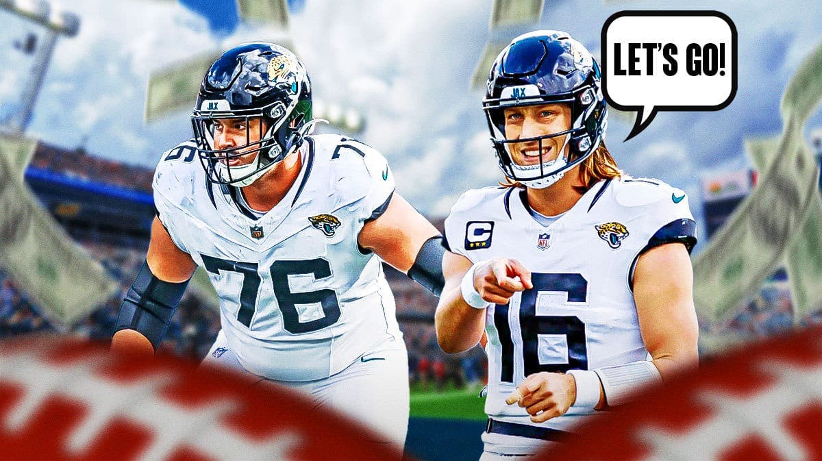 Ezra Cleveland on one side with money falling around him, Trevor Lawrence on the other side with a speech bubble that says “Let’s go!”. Daniel Thomas