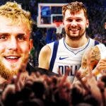 Jake Paul smiling, with Mavericks' Luka Doncic and Grizzlies' Ja Morant hyped up beside him