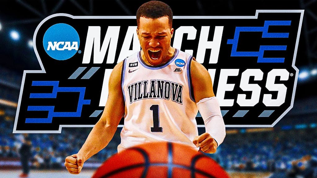 Jalen Brunson, March Madness, Villanova basketball, Knicks, Wildcats, Jalen Brunson in Villanova uni with March Madness logo in the background