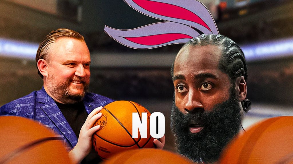 Clippers star James Harden's head on the Bugs Bunny "No" meme looking at 76ers president Daryl Morey