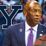 Yale coach James Jones with the Yale Bulldogs logo in the background, March Madness