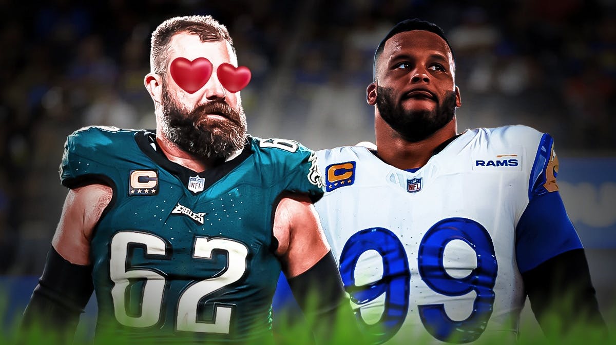 Jason Kelce with heart eyes looking at Aaron Donald
